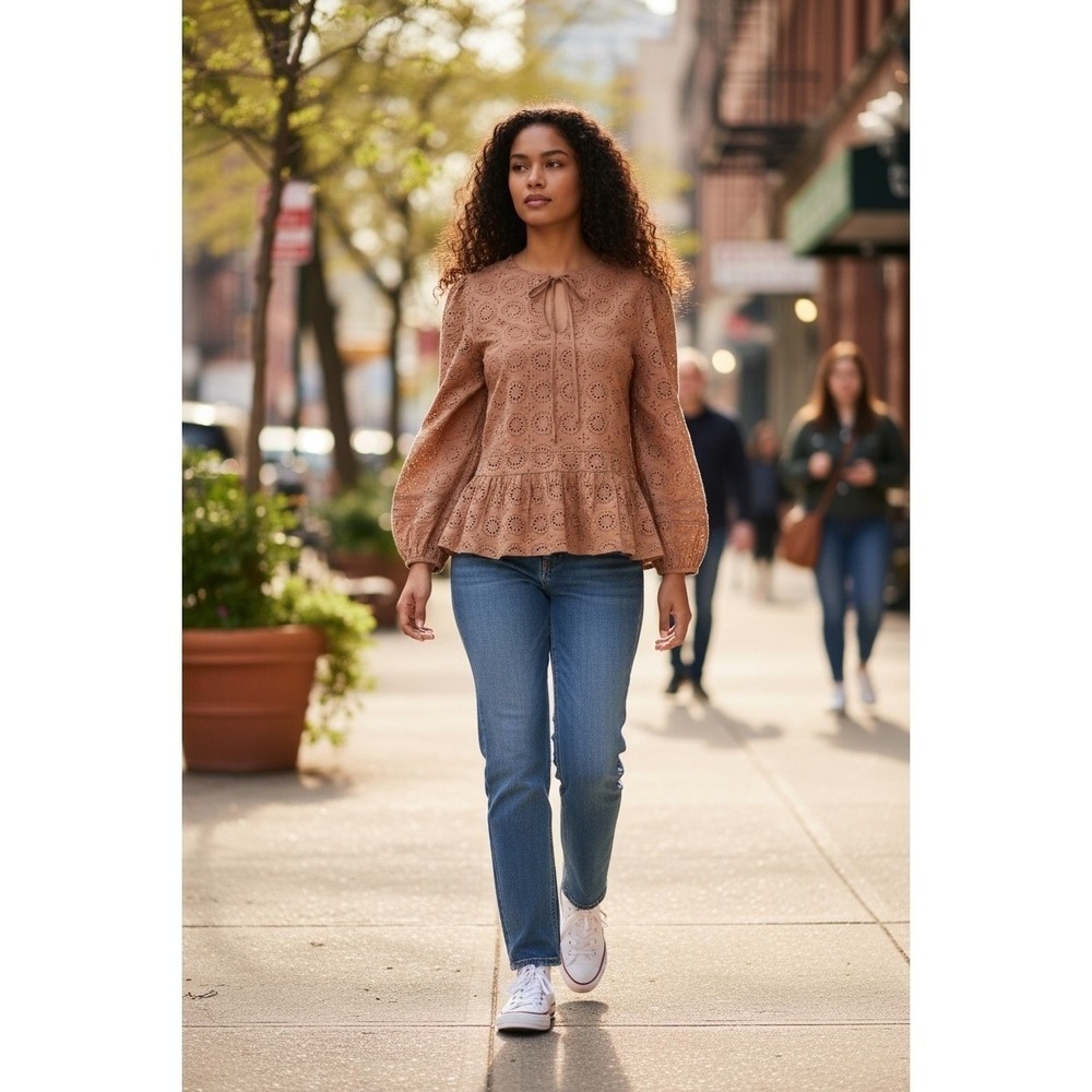 Barbour Cherbury Top Womens Camel Eyelet Embroidered Peplum Blouse Size 4